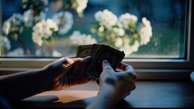 Колода таро на деревянном столе при утреннем майском свете, рядом весенние цветы