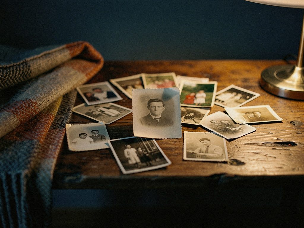 Россыпь старых семейных фотографий на деревянном столе в тёплом вечернем свете лампы