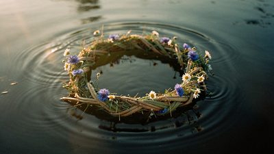 Венок из полевых цветов плывёт по тёмной воде в свете летнего заката