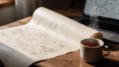 Натальная карта на столе астролога с ноутбуком