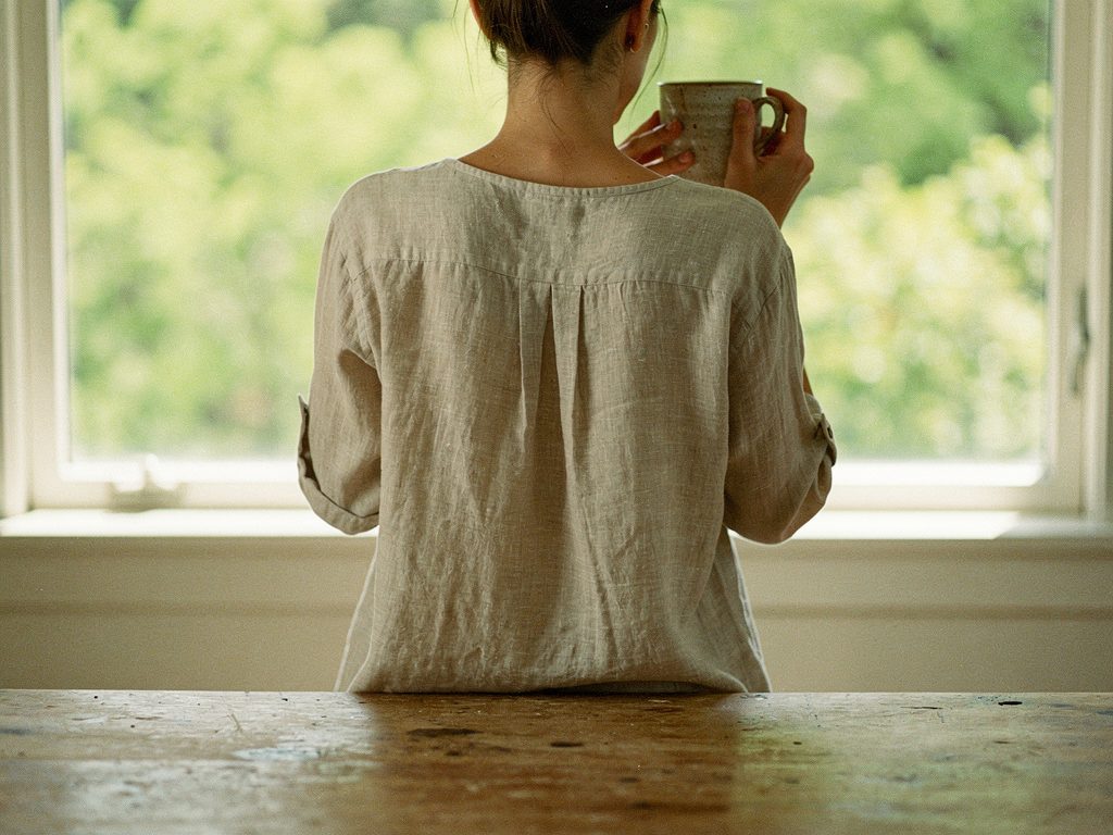 Усталая женщина у окна с чашкой чая в утреннем свете мая, лунный календарь на столе